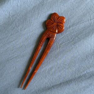 Hand-Carved Wooden Flower Hair Fork - Brown